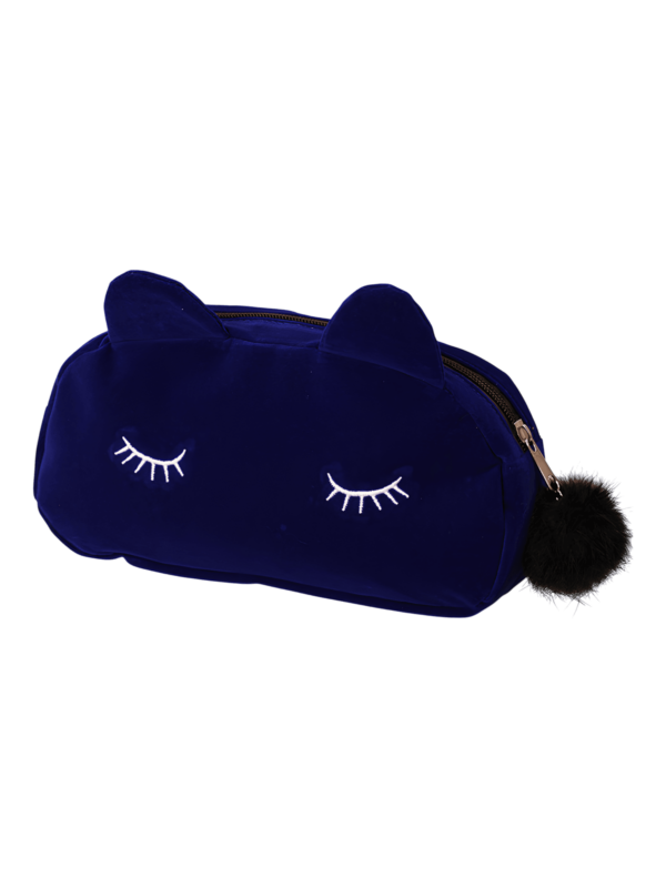 Petite trousse de maquillage chat, toilette, en velours, couleurs unies modèle bleu