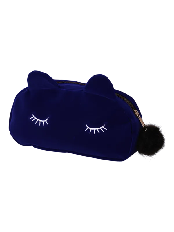 Petite trousse de maquillage chat, toilette, en velours, couleurs unies modèle bleu