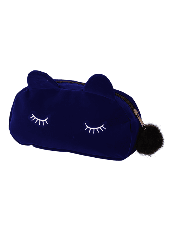 Petite trousse de maquillage chat, toilette, en velours, couleurs unies modèle bleu