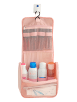 Petite trousse de toilette voyage minimaliste, avec crochet à suspendre, compartiments, coloris homme ou femmes présentation dépliée