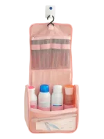 Petite trousse de toilette voyage minimaliste, avec crochet à suspendre, compartiments, coloris homme ou femmes présentation dépliée