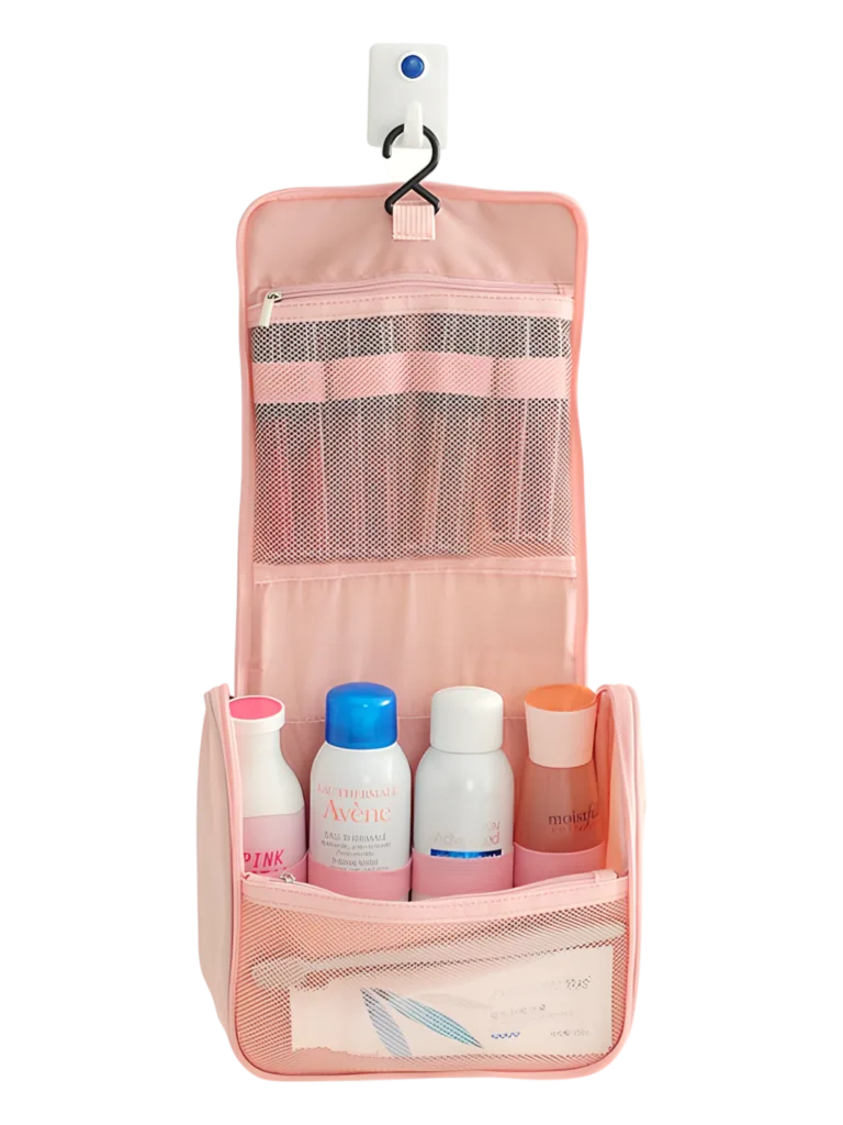 Petite trousse de toilette voyage minimaliste, avec crochet à suspendre, compartiments, coloris homme ou femmes présentation dépliée