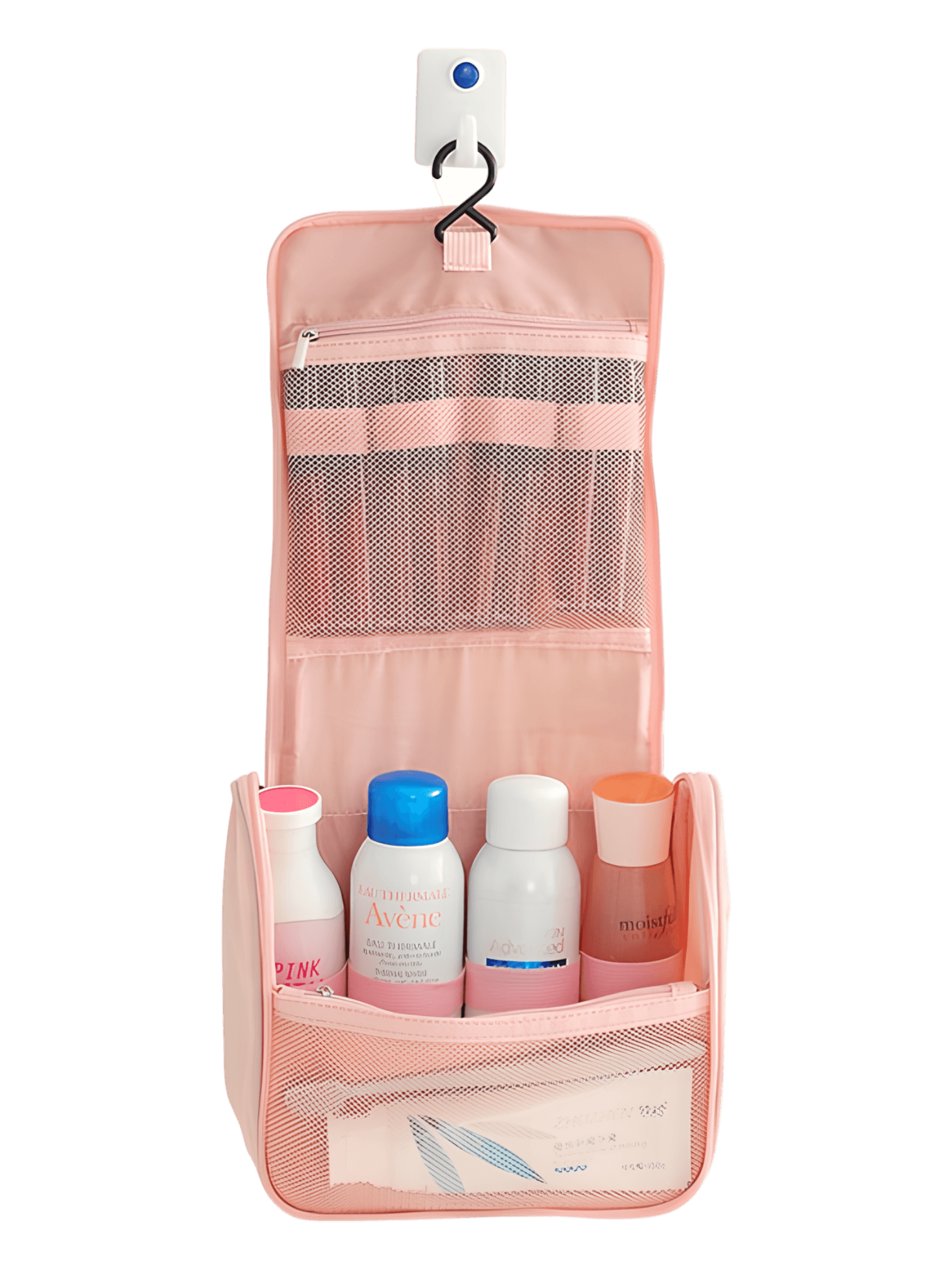 Petite trousse de toilette voyage minimaliste, avec crochet à suspendre, compartiments, coloris homme ou femmes présentation dépliée