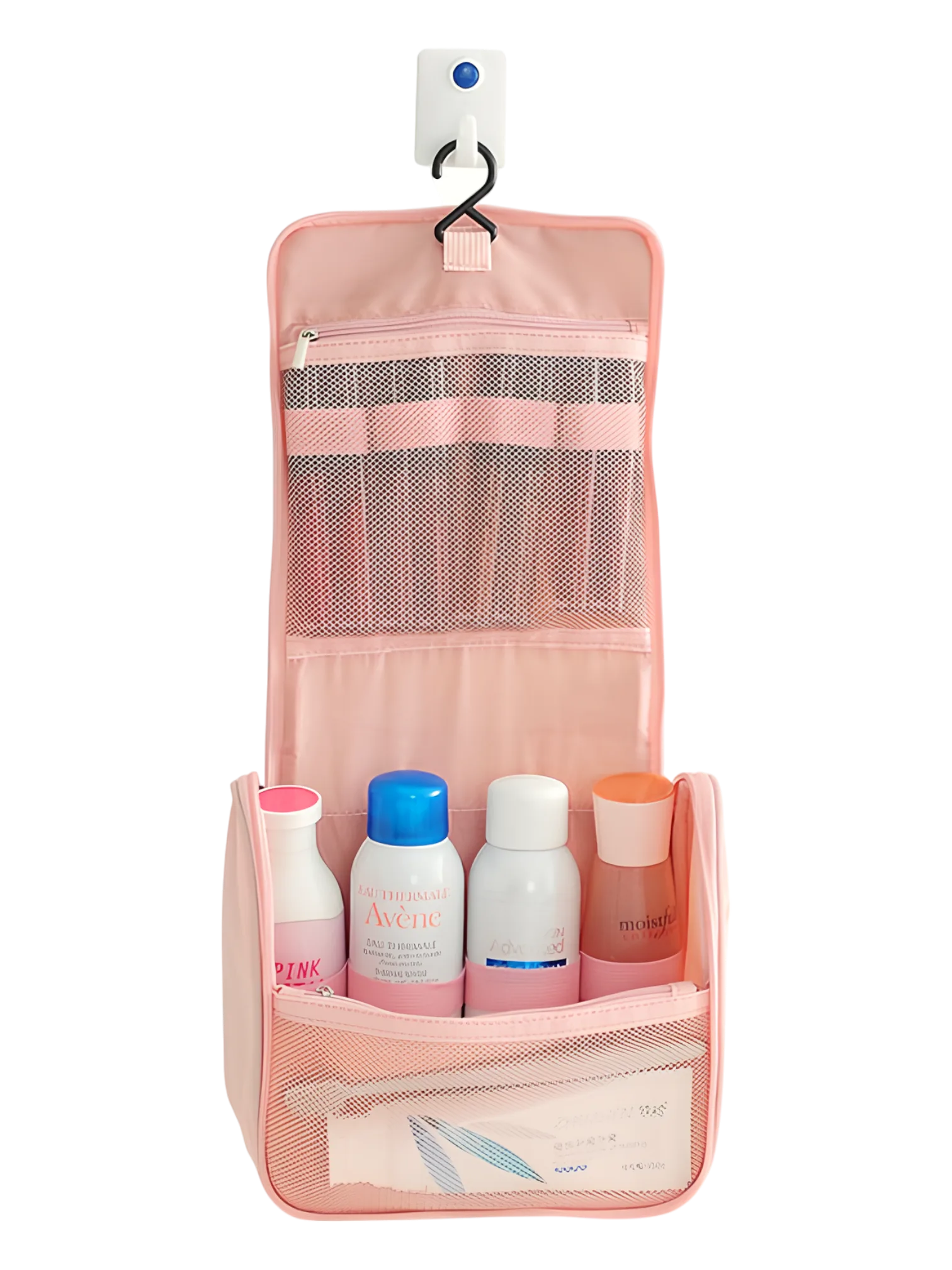 Petite trousse de toilette voyage minimaliste, avec crochet à suspendre, compartiments, coloris homme ou femmes présentation dépliée