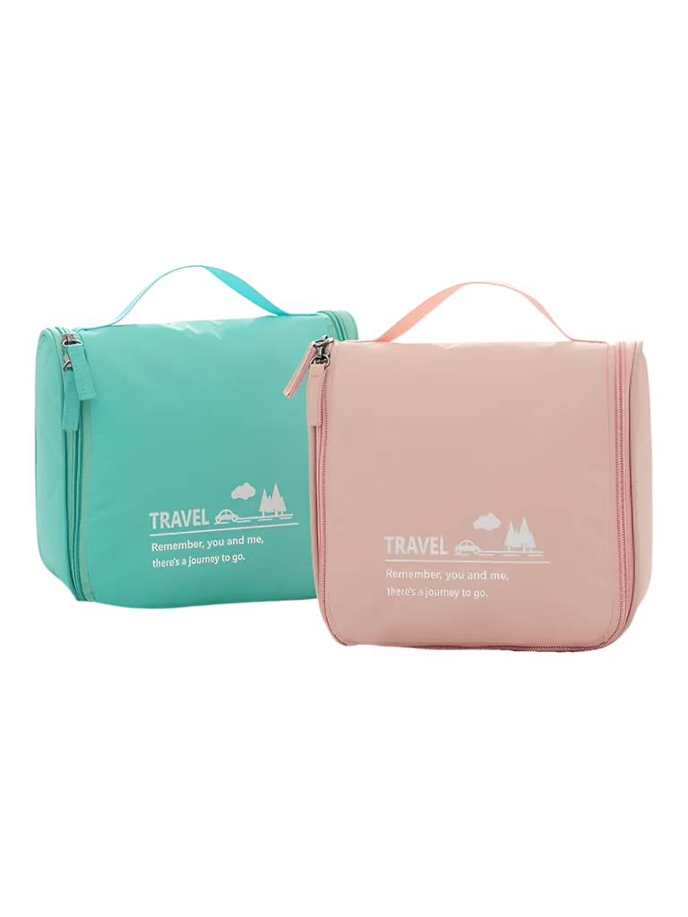 Petite trousse de toilette voyage minimaliste, avec crochet à suspendre, compartiments, coloris homme ou femmes. Modèle couleurs turquoise et rose ensemble