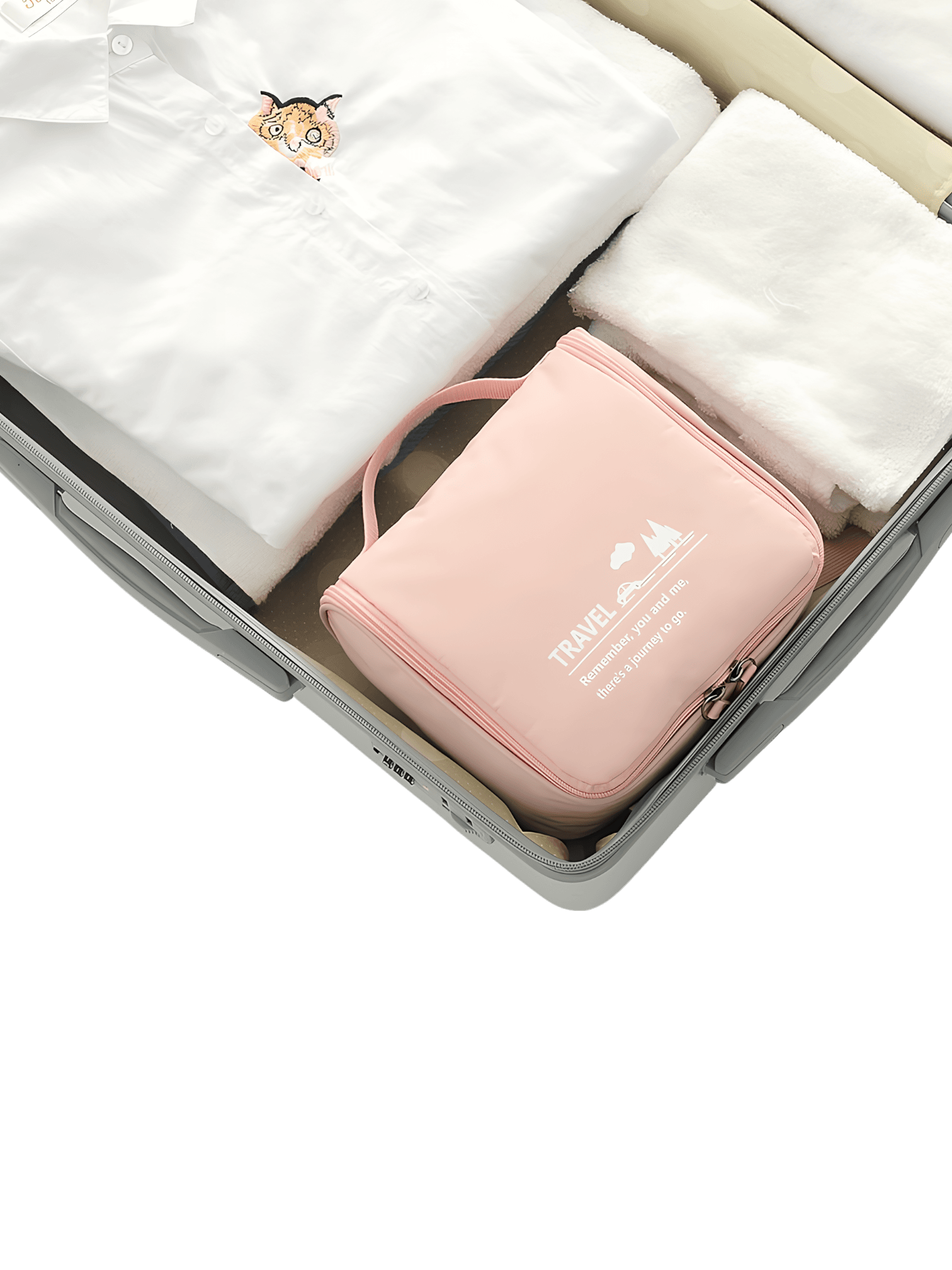 Petite trousse de toilette voyage minimaliste, avec crochet à suspendre, compartiments, coloris homme ou femmes. Pliée dans une valise