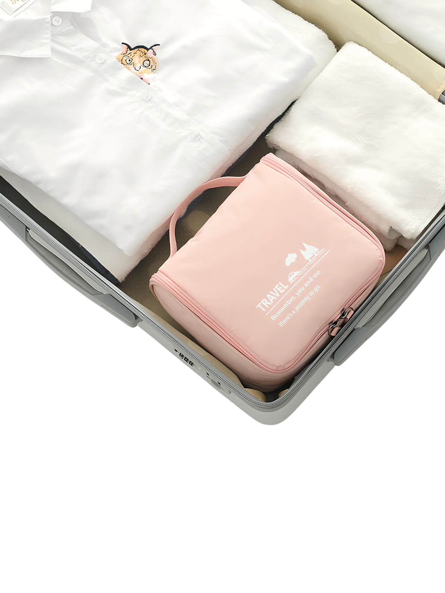 Petite trousse de toilette voyage minimaliste, avec crochet à suspendre, compartiments, coloris homme ou femmes. Pliée dans une valise