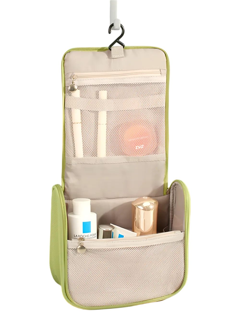 Trousse à cosmétique de voyage multifonction, maquillage et toilette, à suspendre et avec compartiments photo de la trousse dépliée