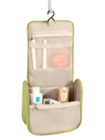 Estojo de viagem multifunções para cosméticos, maquilhagem e produtos de higiene pessoal, para pendurar e com compartimentos Foto do estojo desdobrado Estojo de viagem multifunções para cosméticos, maquilhagem e produtos de higiene pessoal, para pendurar e com compartimentos Foto do estojo desdobrado