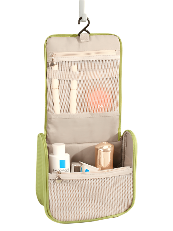 Trousse à cosmétique de voyage multifonction, maquillage et toilette, à suspendre et avec compartiments photo de la trousse dépliée