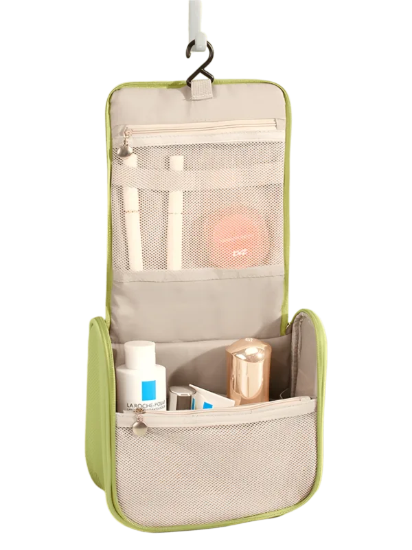 Estojo de viagem multifunções para cosméticos, maquilhagem e produtos de higiene pessoal, para pendurar e com compartimentos Foto do estojo desdobrado