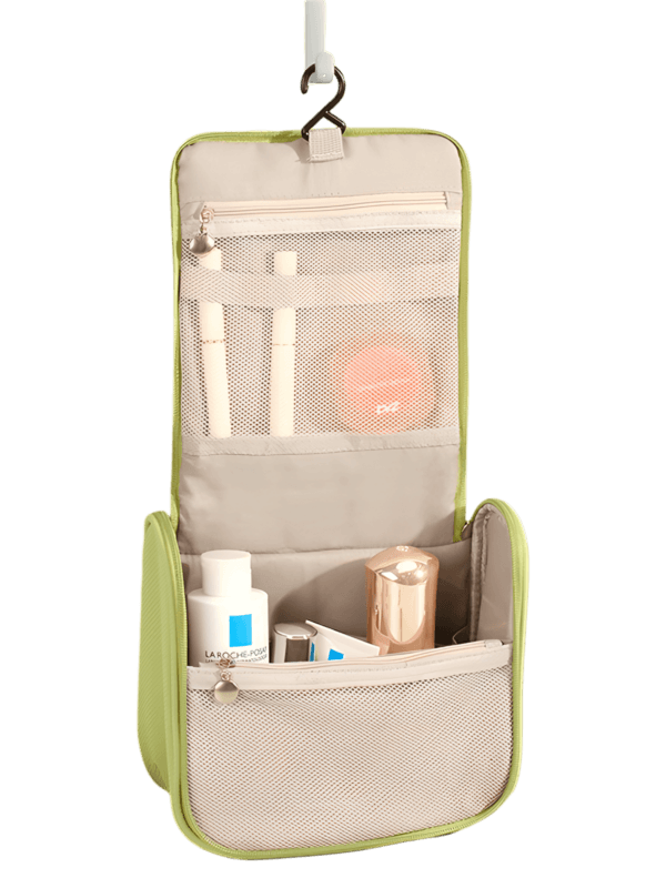 Multifunktionale Reisekosmetiktasche, Schmink- und Toilettenartikel, zum Aufhängen und mit Fächern Foto der aufgeklappten Tasche