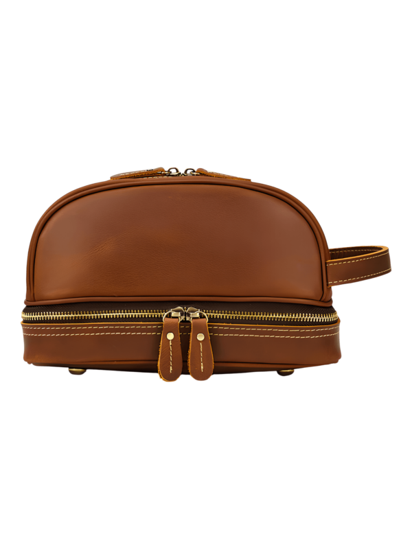 Men's and women's retro leather toiletry bag with brown compartments front view