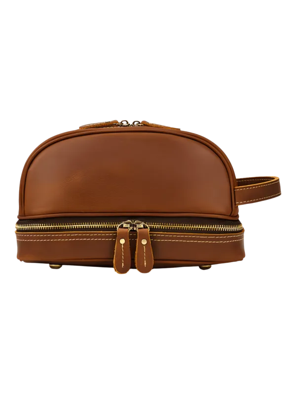 Saco de toilette retro em pele para homem e mulher com compartimentos castanhos - vista frontal