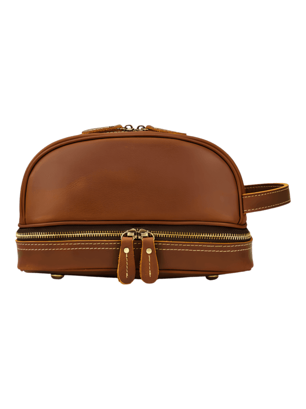 Men's and women's retro leather toiletry bag with brown compartments front view