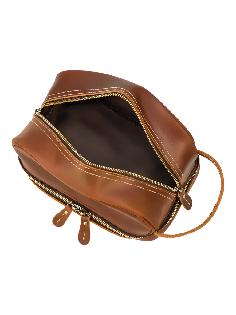 Neceser retro de piel para hombre y mujer con compartimentos marrones - vista superior