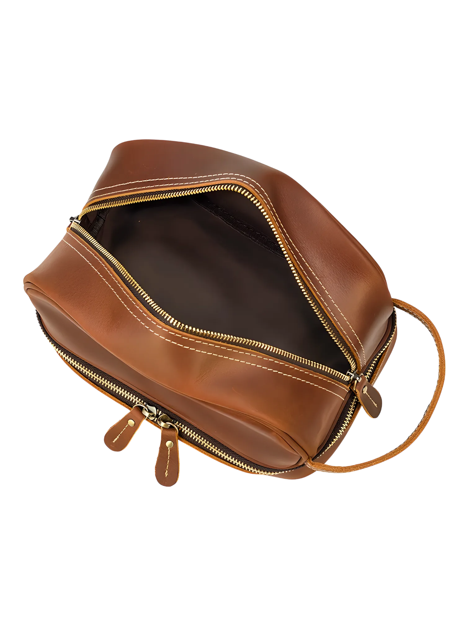 Trousse de toilette homme femme cuir rétro à compartiments coloris marron vue de haut