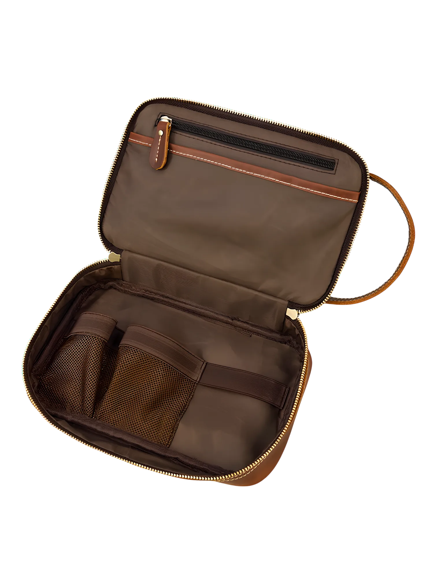 Trousse de toilette homme femme cuir rétro à compartiments vue intérieure