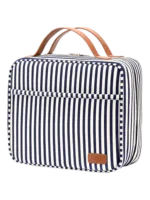 Gran neceser de viaje para mujer con compartimentos para colgar, diseño a rayas y bandas azules. Gran neceser de viaje para mujer con compartimentos para colgar, diseño a rayas y bandas azules.