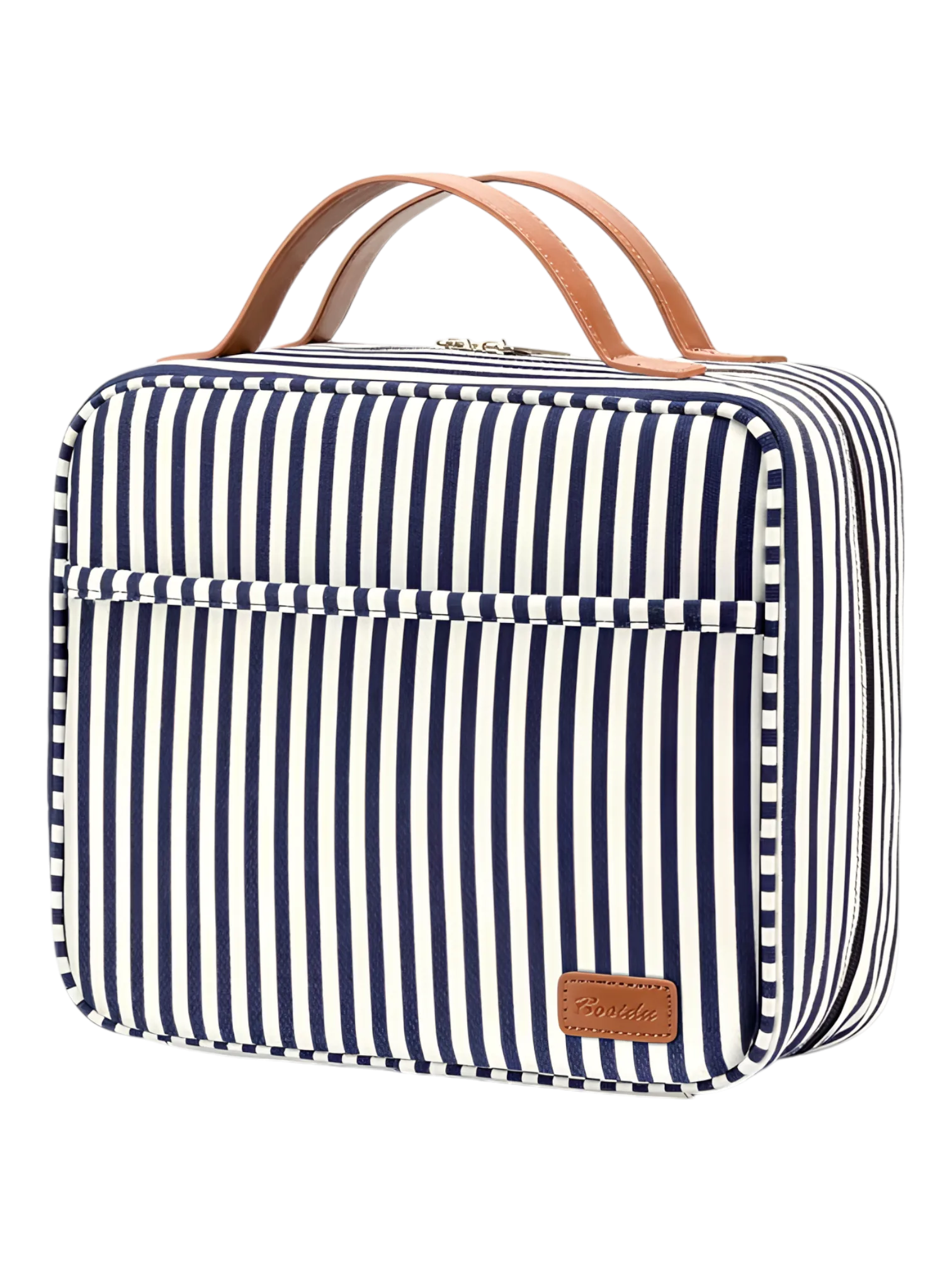 Gran neceser de viaje para mujer con compartimentos para colgar, diseño a rayas y bandas azules.