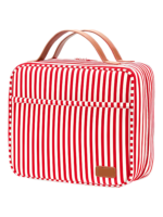 Gran neceser de viaje para mujer con compartimentos para colgar, diseño a rayas y bandas rojas. Gran neceser de viaje para mujer con compartimentos para colgar, diseño a rayas y bandas rojas.