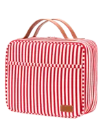 Gran neceser de viaje para mujer con compartimentos para colgar, diseño a rayas y bandas rojas. Gran neceser de viaje para mujer con compartimentos para colgar, diseño a rayas y bandas rojas.