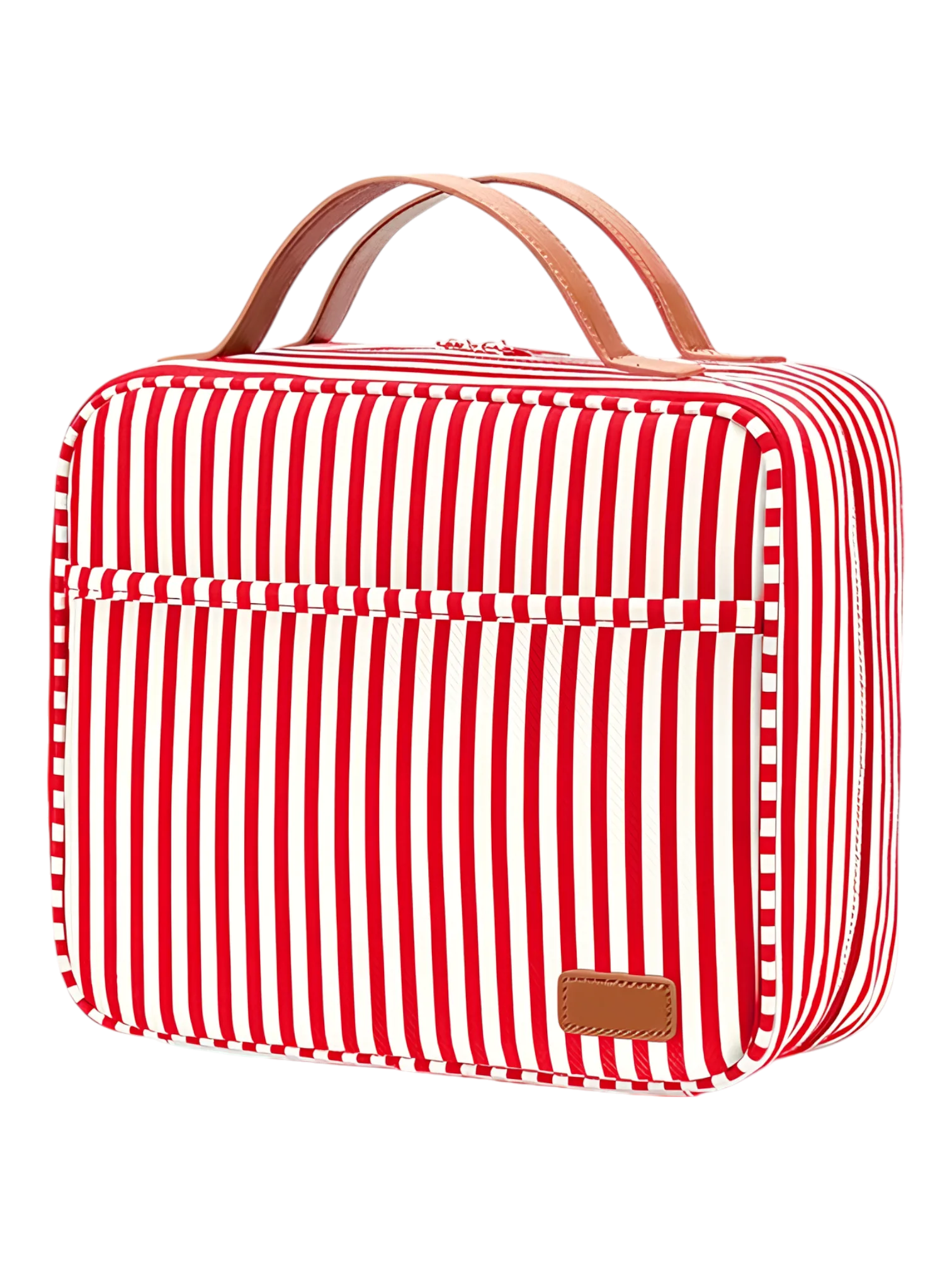 Gran neceser de viaje para mujer con compartimentos para colgar, diseño a rayas y bandas rojas.