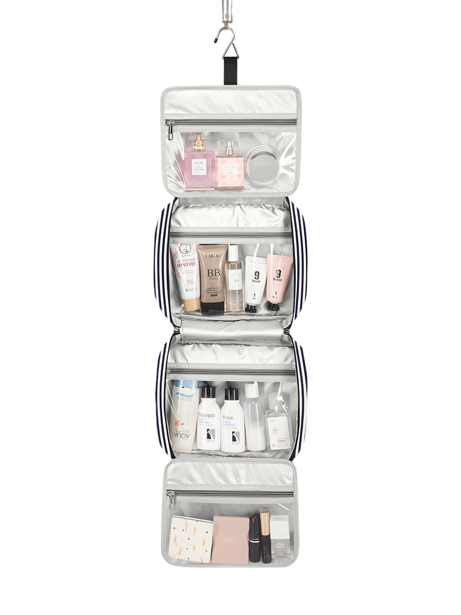 Gran neceser para mujer con compartimentos para colgar, de viaje, con diseño a rayas y bandas. Modelo desplegado en color azul.