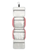 Gran neceser para mujer con compartimentos para colgar, de viaje, con rayas y bandas. Modelo rojo desplegado. Gran neceser para mujer con compartimentos para colgar, de viaje, con rayas y bandas. Modelo rojo desplegado.