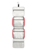 Bolso de aseo grande para mujer con compartimentos colgantes, para viaje, con estampado de rayas. Modelo rojo desplegado. Gran neceser para mujer con compartimentos suspendidos, diseño a rayas, modelo rojo desplegado.