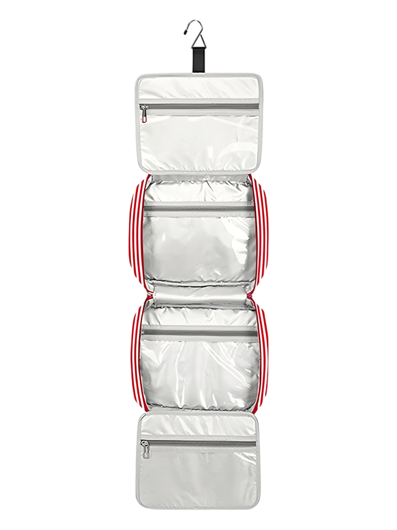 Gran neceser para mujer con compartimentos para colgar, de viaje, con rayas y bandas. Modelo rojo desplegado.