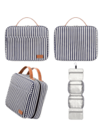 Gran neceser para mujer con compartimentos para colgar, ideal para viajar, con diseño a rayas y bandas. Presentación modelo azul 1. Gran neceser para mujer con compartimentos para colgar, ideal para viajar, con diseño a rayas y bandas. Presentación modelo azul 1.