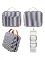 Gran neceser para mujer con compartimentos para colgar, ideal para viajar, con diseño a rayas y bandas. Presentación modelo azul 1. Gran neceser para mujer con compartimentos para colgar, ideal para viajar, con diseño a rayas y bandas. Presentación modelo azul 1.
