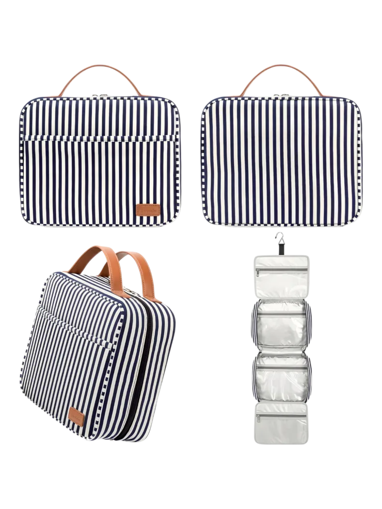 Grande trousse de toilette femme avec compartiments à suspendre, voyage, motif rayures, bandes. Présentation modèle bleu 1