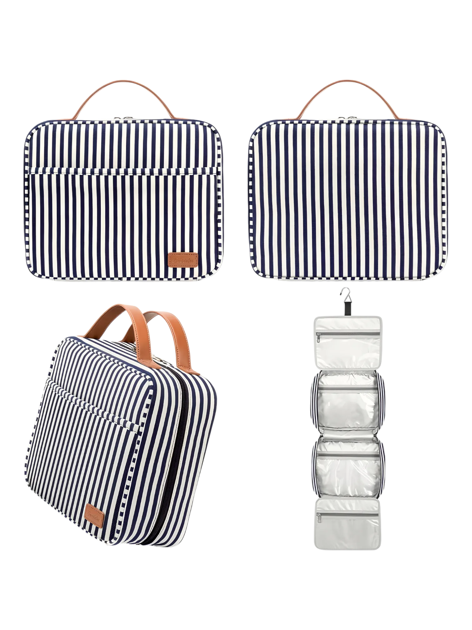 Gran neceser para mujer con compartimentos para colgar, ideal para viajar, con diseño a rayas y bandas. Presentación modelo azul 1.