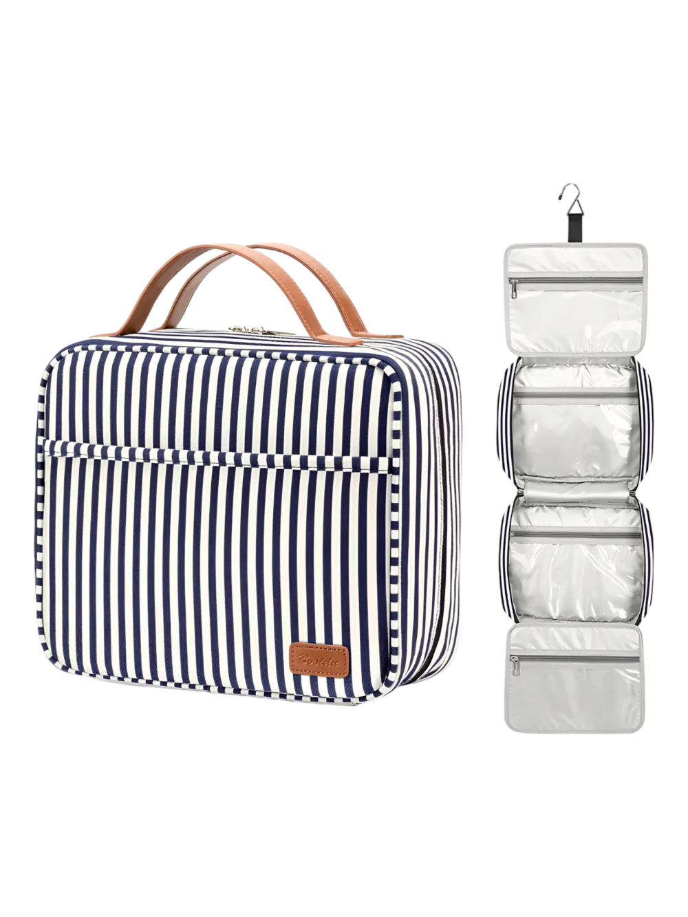 Gran neceser para mujer con compartimentos para colgar, ideal para viajar, con diseño a rayas y bandas. Modelo en color azul. Gran neceser para mujer con compartimentos para colgar, ideal para viajar, con diseño a rayas y bandas. Modelo en color azul.