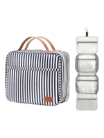 Gran neceser para mujer con compartimentos para colgar, ideal para viajar, con diseño a rayas y bandas. Modelo en color azul. Gran neceser para mujer con compartimentos para colgar, ideal para viajar, con diseño a rayas y bandas. Modelo en color azul.
