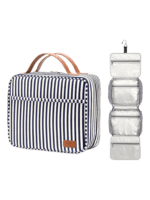 Grande bolsa de cosméticos feminina com compartimentos suspensos, para viagens, com motivo às riscas. Modelo de exposição em azul. Grande bolsa de cosméticos feminina com compartimentos suspensos, para viagens, com motivo às riscas. Modelo de exposição em azul.