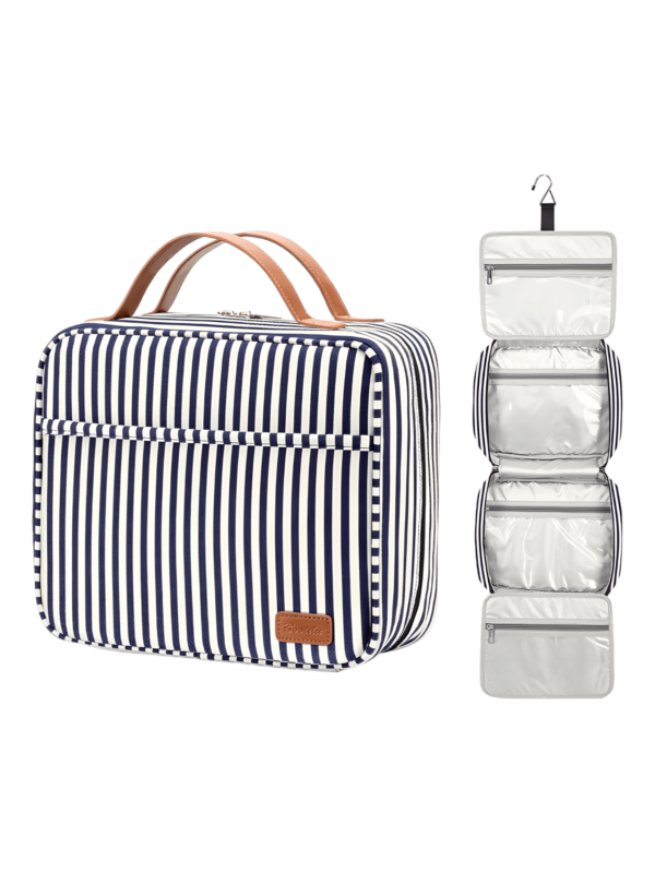 Large women's toiletry bag with hanging compartments, travel, stripes motif. Presentation blue model