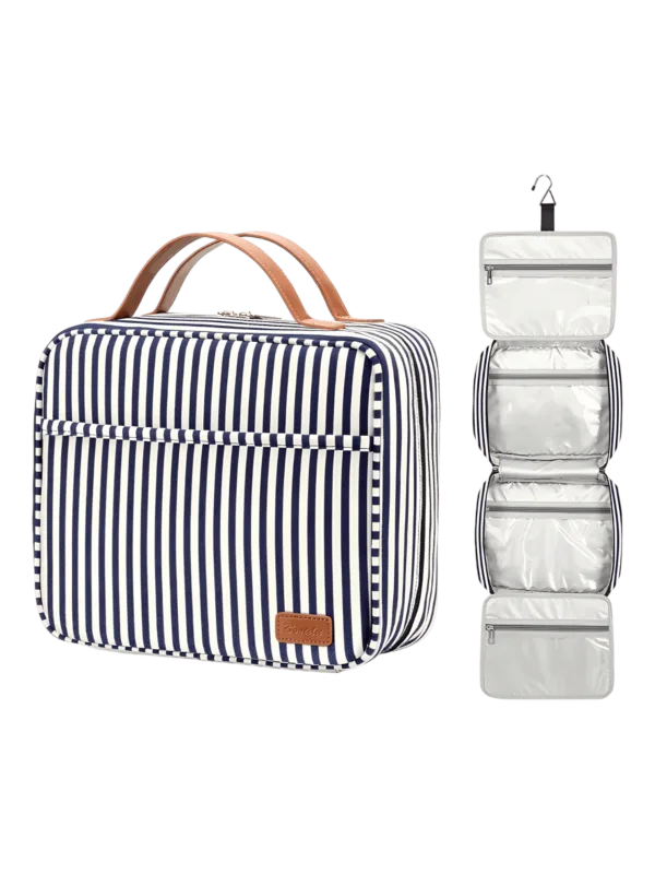 Large women's toiletry bag with hanging compartments, travel, stripes motif. Presentation blue model
