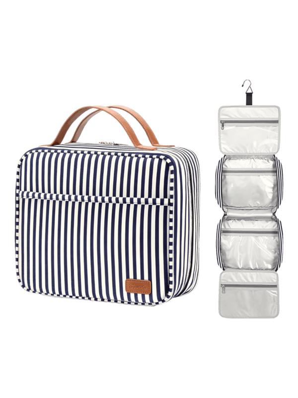 Große Damen-Kosmetiktasche mit hängenden Fächern, für Reisen, mit Streifenmotiv. Vorführmodell in Blau.
