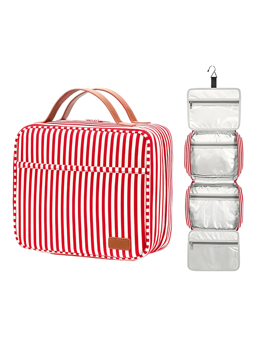 Gran neceser para mujer con compartimentos para colgar, de viaje, con rayas y bandas. Presentación modelo rojo. Gran neceser para mujer con compartimentos para colgar, de viaje, con rayas y bandas. Presentación modelo rojo.