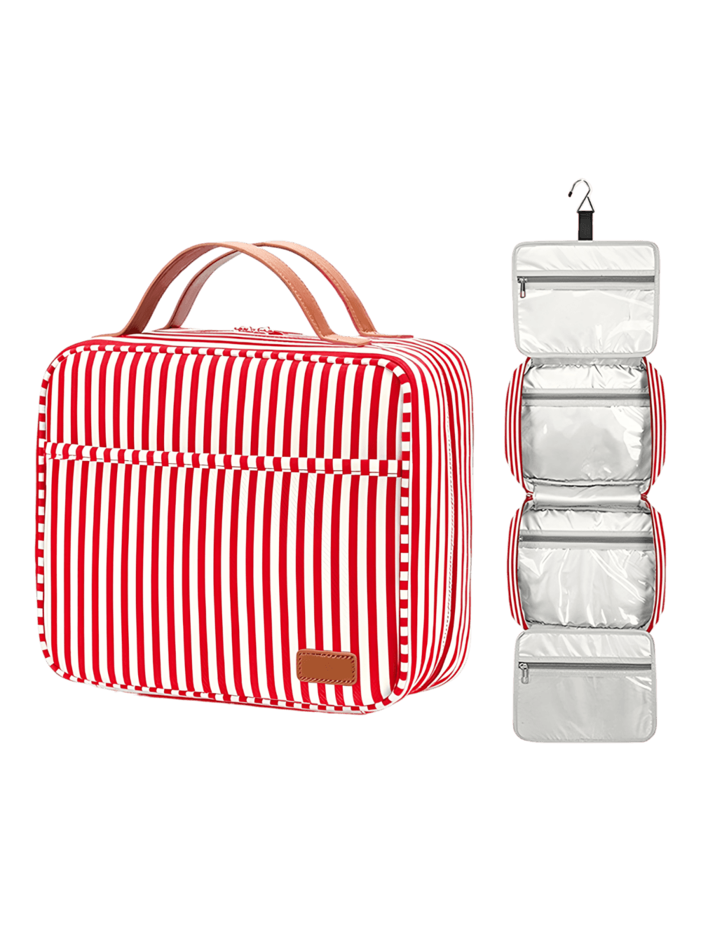 Grote cosmeticatas voor dames met ophangvak, voor op reis, met gestreept motief. Kleur rood. Grote cosmeticatas voor dames met ophangvak, voor op reis, met gestreept motief. Model in rood. Grote cosmeticatas voor dames met hangvak, voor op reis, met streepmotief. Model in rood.