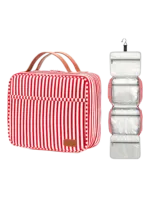 Gran neceser para mujer con compartimentos para colgar, de viaje, con rayas y bandas. Presentación modelo rojo. Gran neceser para mujer con compartimentos para colgar, de viaje, con rayas y bandas. Presentación modelo rojo.
