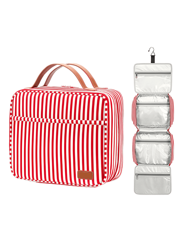 Grande trousse de toilette femme avec compartiments à suspendre, voyage, motif rayures, bandes. Présentation modèle rouge