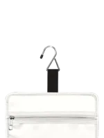 Gran neceser para mujer con compartimentos para colgar, de viaje, con diseño a rayas y bandas. Zoom gancho. Gran neceser para mujer con compartimentos para colgar, de viaje, con diseño a rayas y bandas. Zoom gancho.