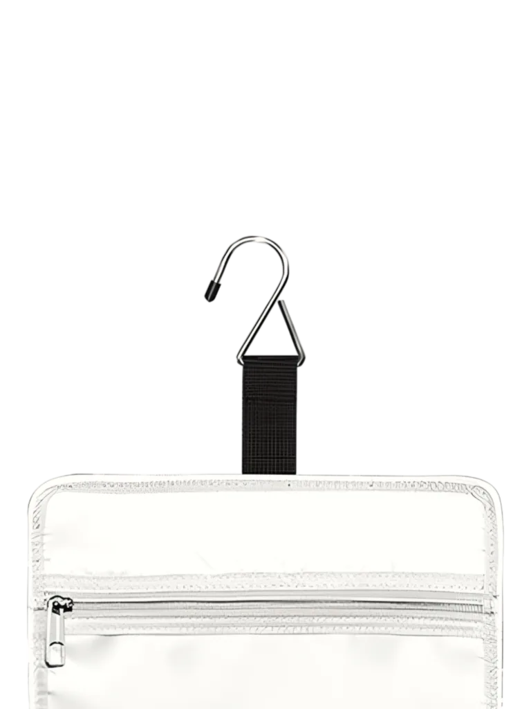 Gran neceser para mujer con compartimentos para colgar, de viaje, con diseño a rayas y bandas. Zoom gancho.