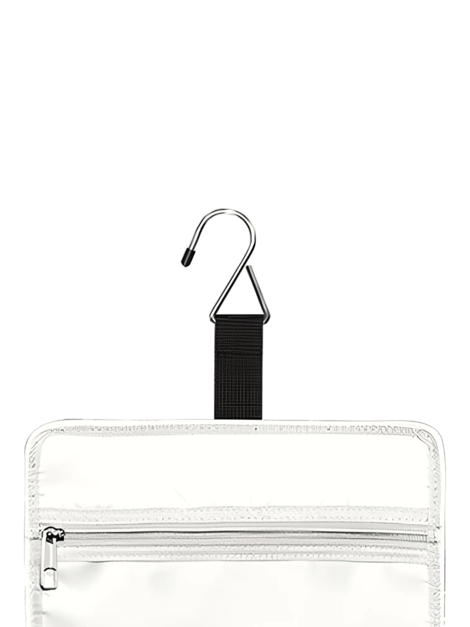 Gran neceser para mujer con compartimentos para colgar, de viaje, con diseño a rayas y bandas. Zoom gancho.