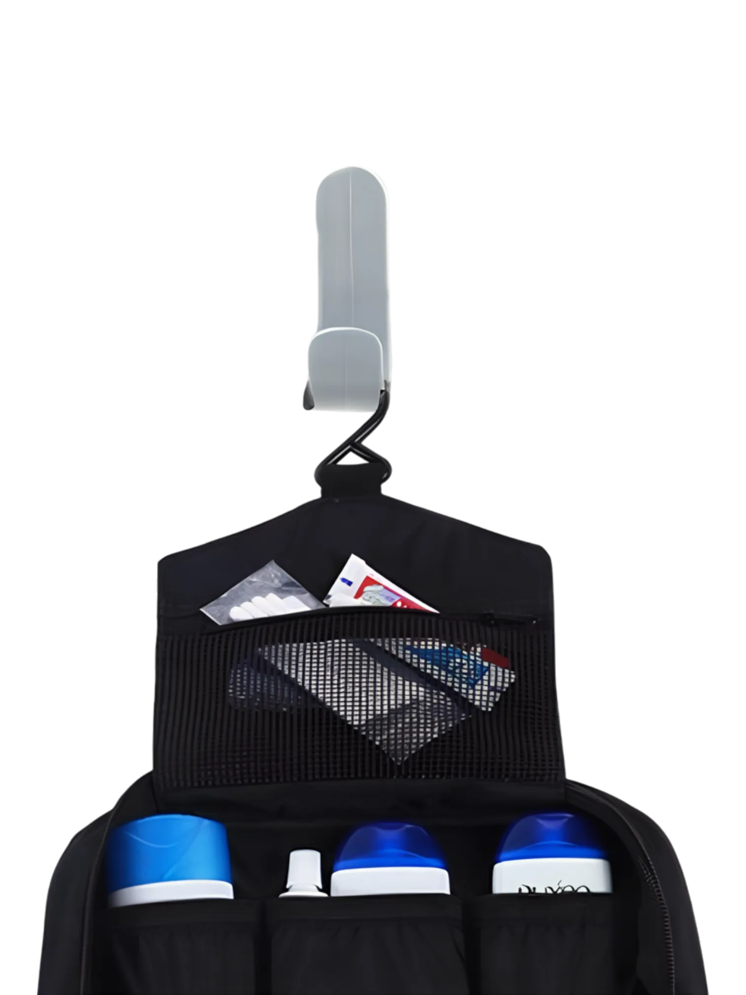 Trousse de toilette à crochet, camping, trekking, voyage, à suspendre en toile parachute avec compartiments, grand modèle détails crochet