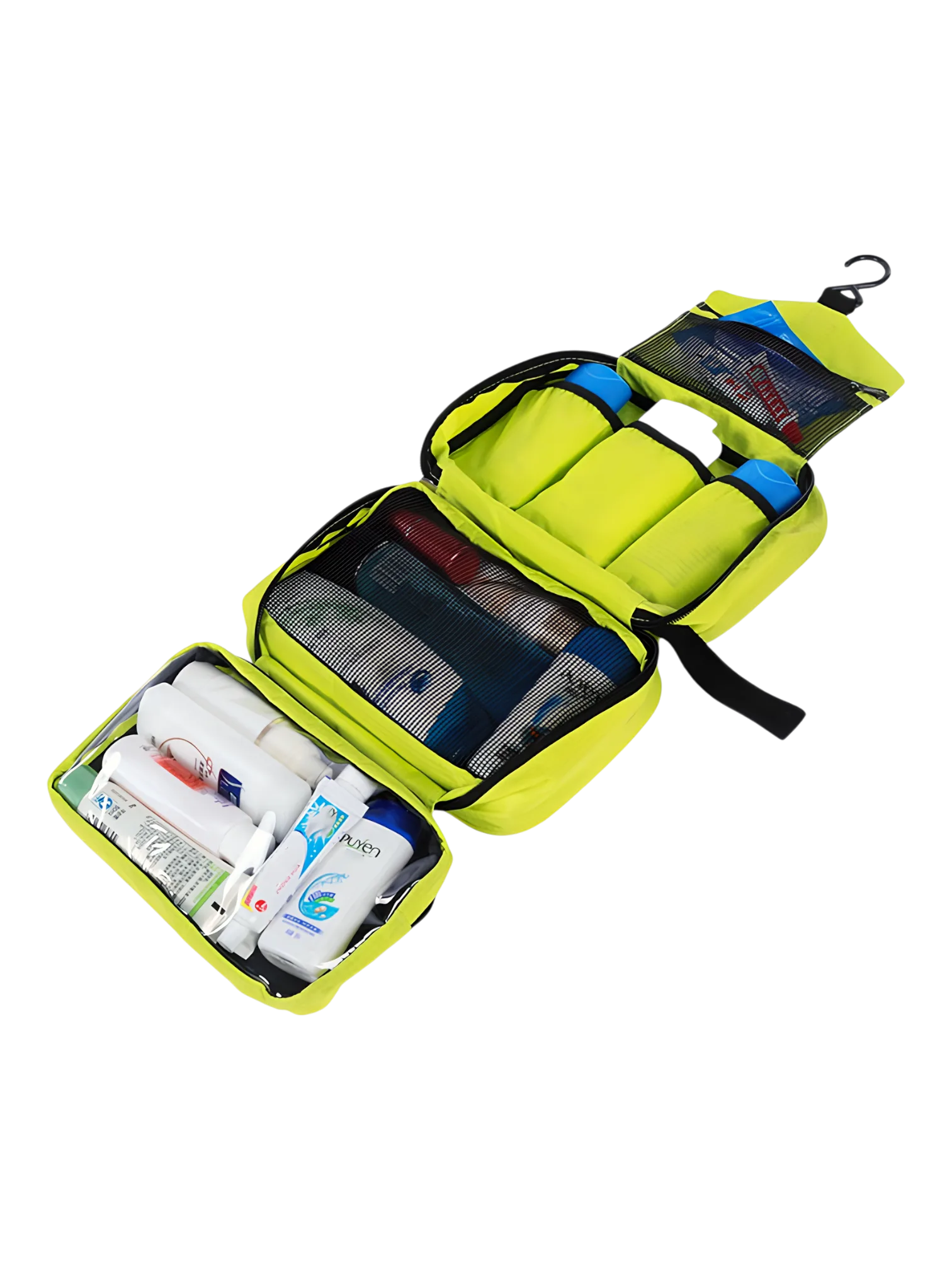 Trousse de toilette à crochet, camping, trekking, voyage, à suspendre en toile parachute avec compartiments, grand modèle jaune fluo 1